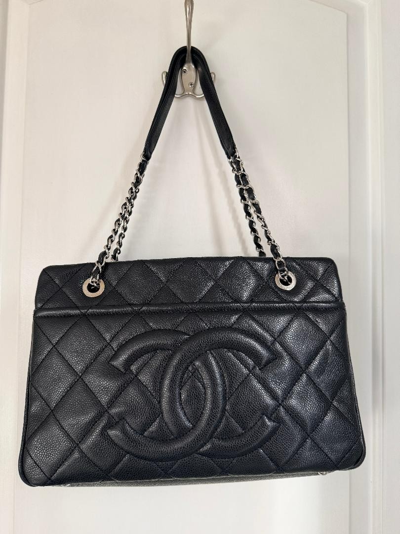 Chanel Grand Shopping Tote XL GST Black Caviar Leather Silver Chain Mint Auth