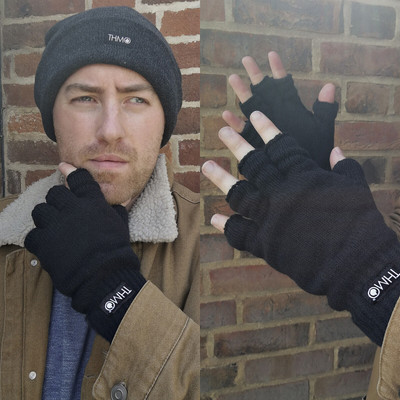 THMO - Herren schwarz 3M dünn isoliert gefüttert fingerlose Handschuhe für Touch Scr
