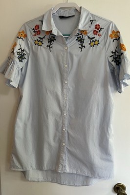 Zara Basics Light Blue Shirt Dress With Floral Embroidery & Pockets. Size medium