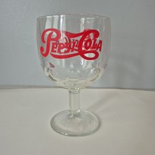 Pepsi Cola VTG Thick Clear Thumbprint Goblet Red Script Logo Pedestal Glass 16OZ