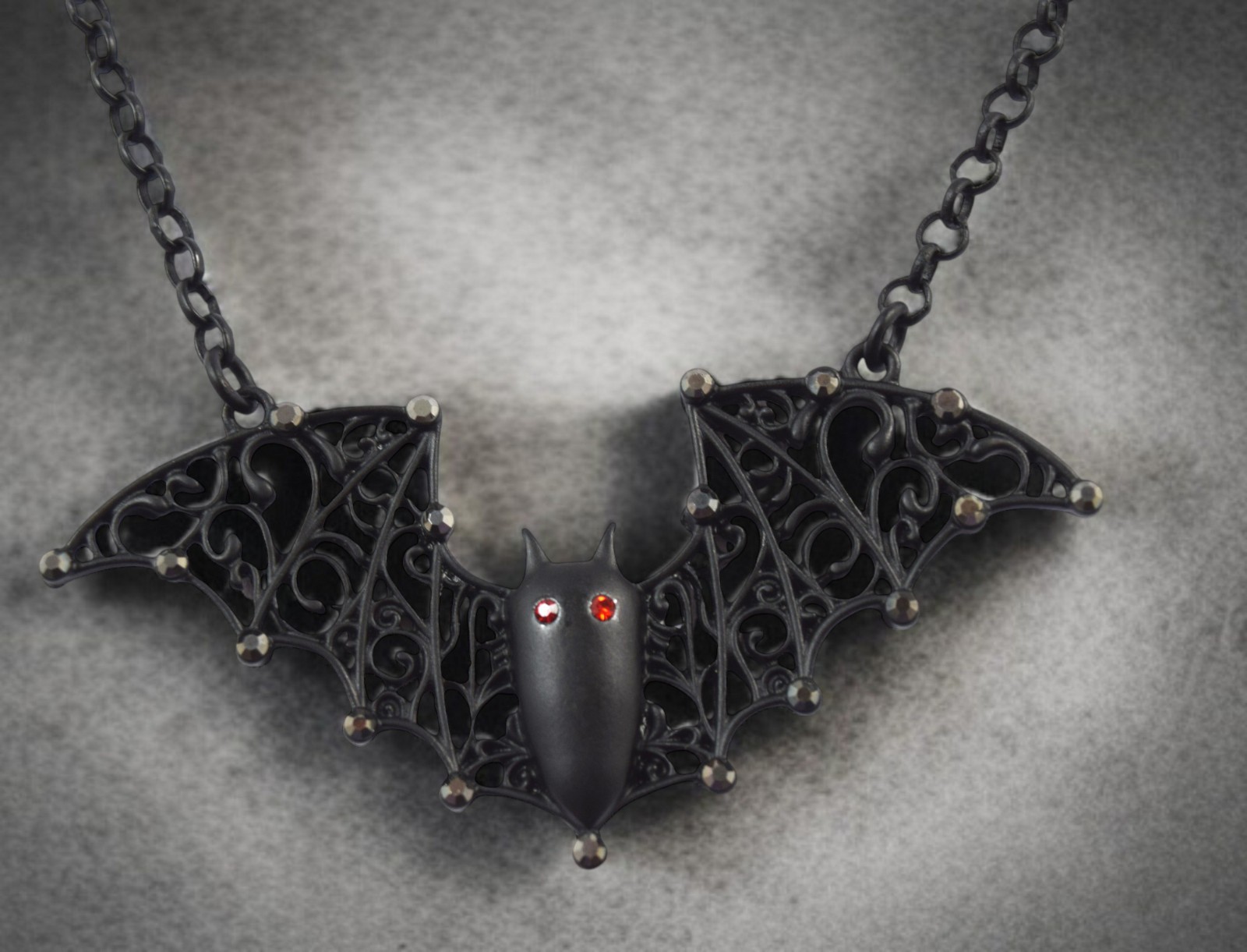 Black Gothic Vampire Bat Pendant Necklace Red Crystal Eyes L