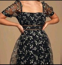 Lulu’s Black Floral Embroidered Square Neck Mini Dress Size L Dark Cottagecore