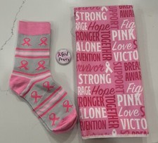 Breast Cancer Awareness Socks, Pin & Kitchen Towel Bundle