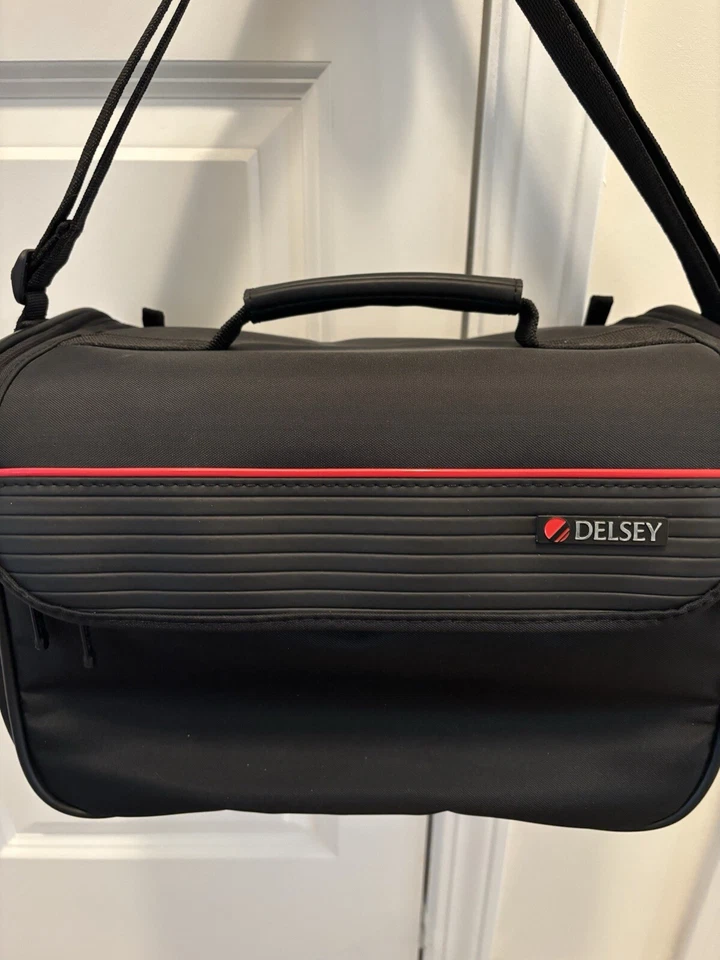 DELSEY TOILETRY BAG Cosmetic Rigid Soft Sided BLACK Red Short & Long Straps NWOT - Image 3 of 4