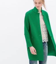 Zara Basic Wool Mix Kelly Green Half Belt Single Breasted Coat 6 8 Xs 34 36