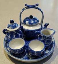 Vintage Blue Floral 10 Piece Porcelain Child's Tea Set, Perfect Condition 