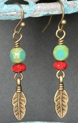Little Bronze Feather with Red and Turquoise Bead Earrings. Boho Chic. - Picture 2 of 3