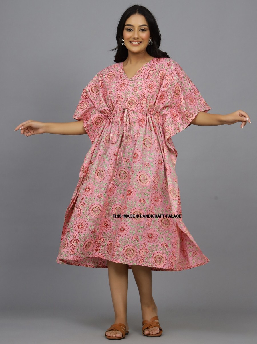 Indian Pink Short Floral Print Cotton Ethnic Maxi Women Nightwear Caftan  Dress | eBay