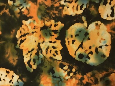 Batik Leaf Pattern gold Teal yellow on black  Fabric ~1/4+ yard
