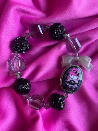 Tarina Tarantino Vintage Pink Head Hello Kitty Gothic Black Rose Cameo Bracelet
