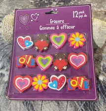 New Pack of 12 Erasers: Hearts, Themed Love, Flower and Bear