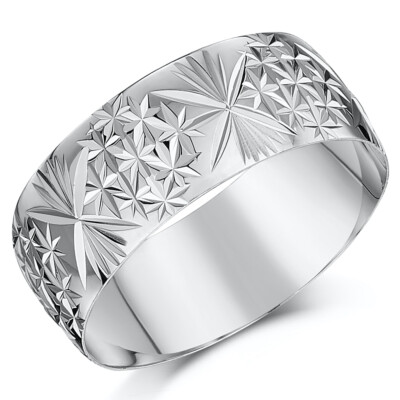 Leichter Ehering 4 mm-7 mm 9 kt Weißgold graviert Blumendesign D-förmig
