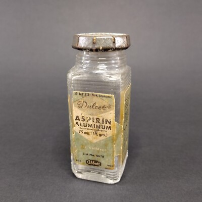 EMPTY Vtg Abbott Dulcet Aspirin Container Glass Medicine Bottle Child Proof Cap