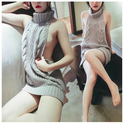 Women Backless Sleeveless Virgin Killer Pullover Cosplay Sweater Turtleneck Knit - 第 2/8 張圖片
