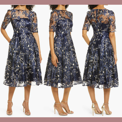 NWT$288 Eliza J [ 6 ] Sequin Floral Embroidery Fit Flare Cocktail