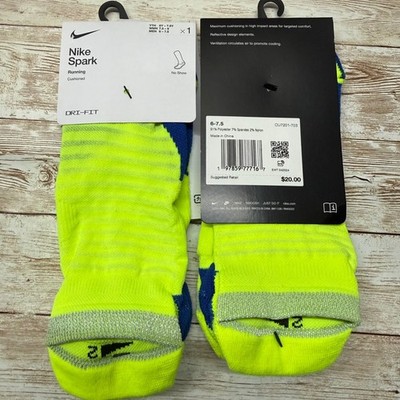 Nike Spark Running Socks Unisex M 6-7.5 Neon Yellow Cushioned No Show CU7201-703