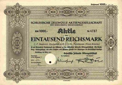 Schlesische Zellwolle AG Hirschberg 1937 Jelenia Gora Puschkova Breslau 1000 RM
