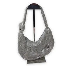 Olga Berg Jessica Soft Crystal Mesh Croissant Bag Knotted Handle Silver 