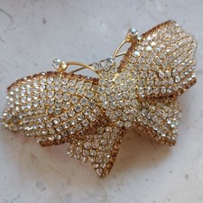 Vintage Rhinestone Butterfly Brooch – Gold Tone, Sparkling Crystal Wings, Czech