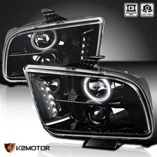 Jet Black Fits 2005-2009 Ford Mustang LED Halo Projector Headlights Headlamps