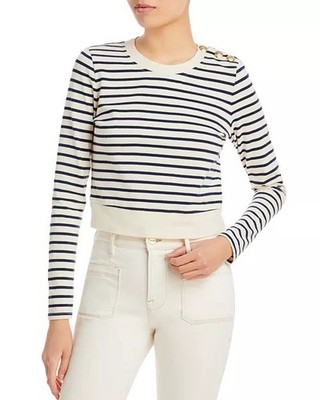 Veronica beard samson striped top with shoulder pads and gold buttons size S