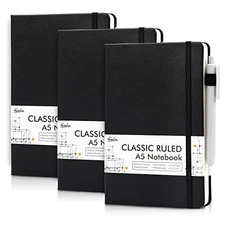  3 Pack Notebooks Journals Bulk with 3 Black Pens, A5 Hardcover 3 Pack black