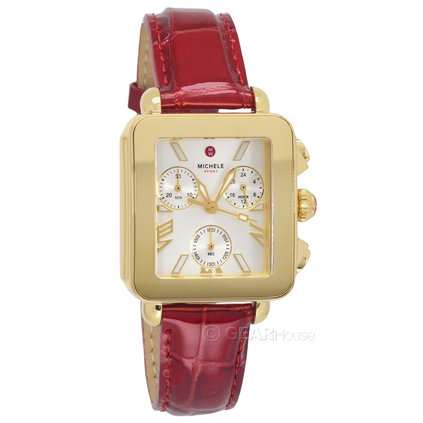 MICHELE Deco Sport Women 18k Gold Plated Watch Chronograph Dial Ruby Red Leather