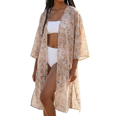 WILD FABLE Kimono Cover Up Floral Tan Open Front Sheer Boho Beach Summer OS