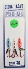 3 Pack Hot Glow Walleye Ice JIgs  3/16oz  Teaser SZ 8 Red Treble - Stone Cold