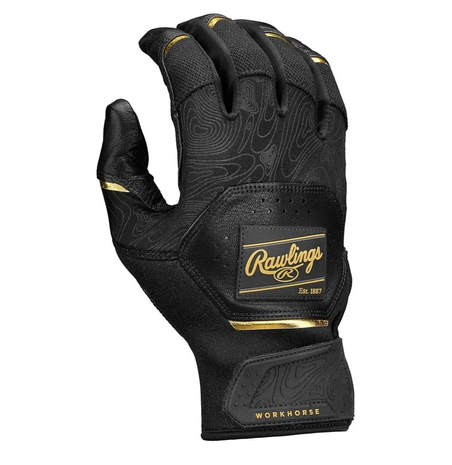 Guantes de bateo de béisbol para adultos Rawlings Workhorse 2025 - WH25BG NEGRO DORADO XL Foto 2 de 4