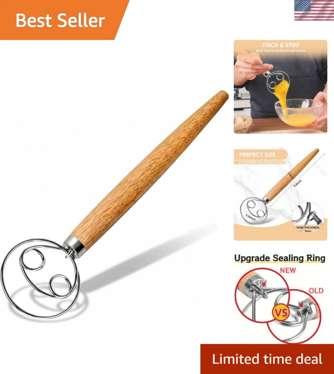 Danish Dough Whisk for Bread Sourdough Baking Mixing - Stainless Steel Hook w...