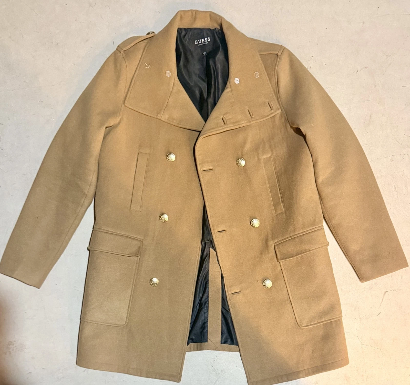 GUESS Marciano Camel Double Breasted Coat Men L Gold Crest Buttons Long Wool-Loo image 1