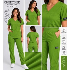 Cherokee Workwear Originals Scrub Set Lime Green V-Neck Top Cargo Pants Small