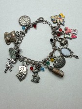 Alice in Wonderland Charm Bracelet Silver Tone Fairy Tale Jewelry 8.1/4"