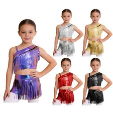 Girls Outfits Crop Top Dancewear Tango Costume Sequins Ballroom Gymnastic Jazz