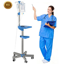 IV Pole with Wheels Medical Portable IV Stand with 4 Hooks and Tray, 52.3“ to 70