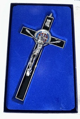 St Benedict Black Silver Enamel Cross Crucifix Catholic 7.5 L Wall Hang NIB