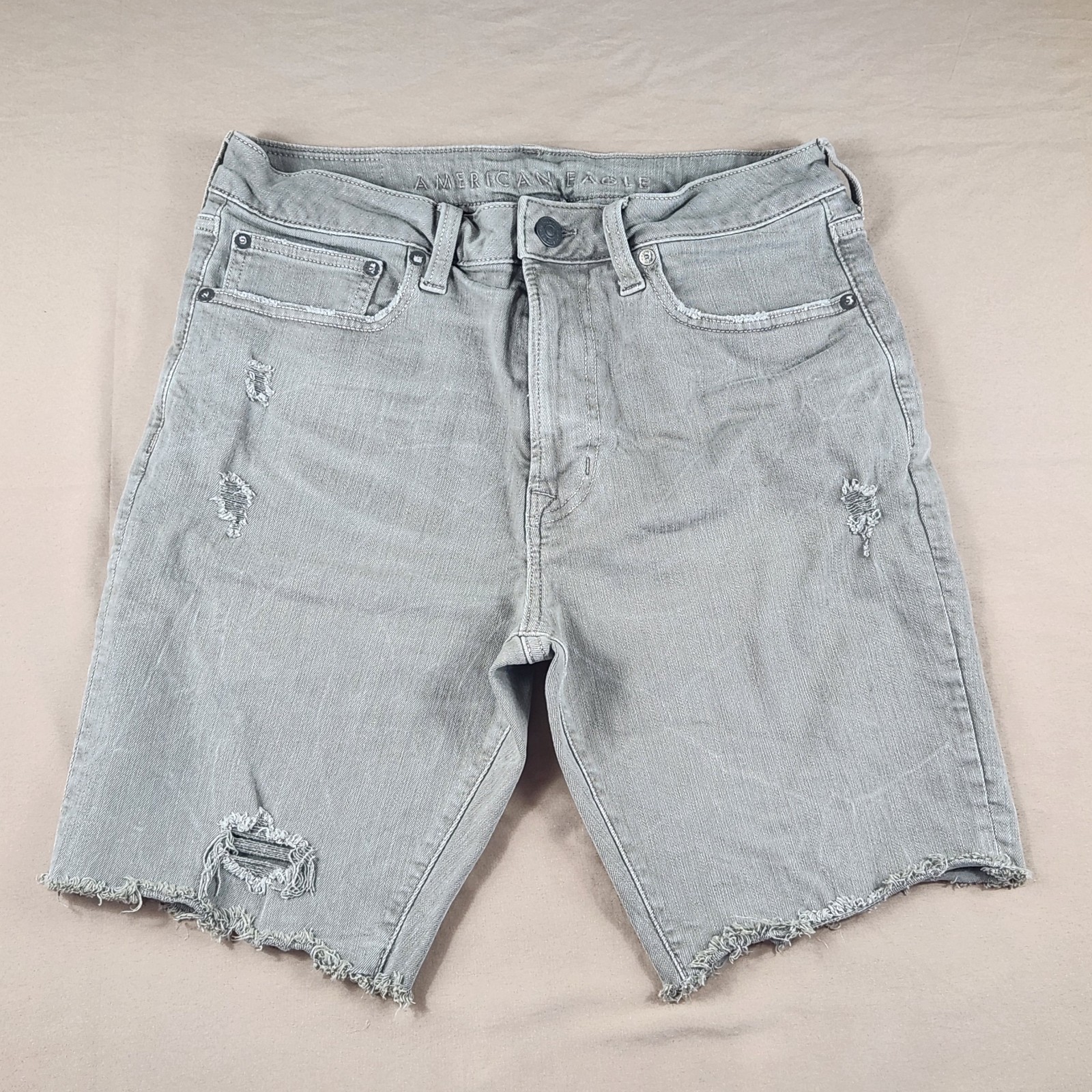 Jean Shorts American Eagle Mens 31 Denim Raw Hem Distressed Gray Next Level Flex