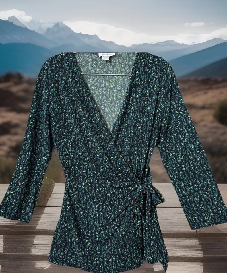 Blusa Camisa Blusa Jaclyn Smith Top S Verde Negra Estampado Leopardo Tejido Elástico Imitación Envolvente Foto 3 de 4