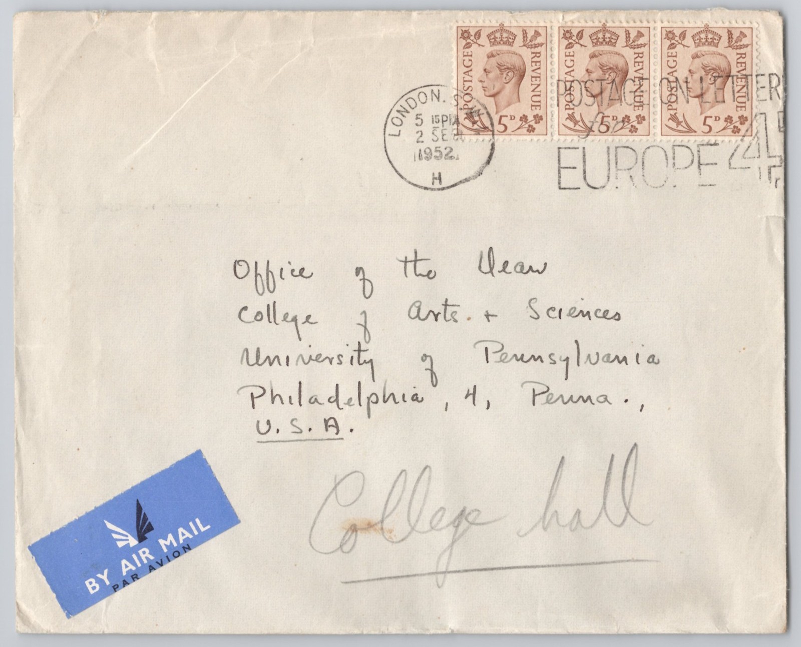 London, England, Airmail envelope to University of Pennsylvania — — 1952
