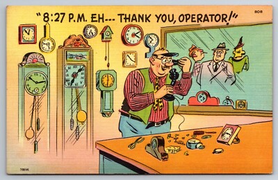 Humor, Funny, Man in Clock Shop, Calling for Correct Time, Vintage Postcard