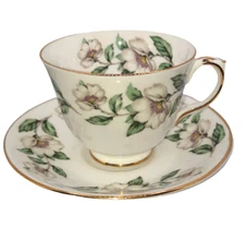 Staffordshire Teacup and Saucer White Flowers Purple Gold Rim