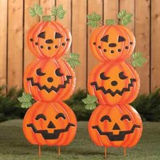 Set of 2 Stacked Jack-O-Lantern Metal Halloween Garden Stakes