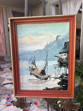 Vintage Lillian Boettcher Oil on Canvas, Still Life, Chinese Boat in Harbor