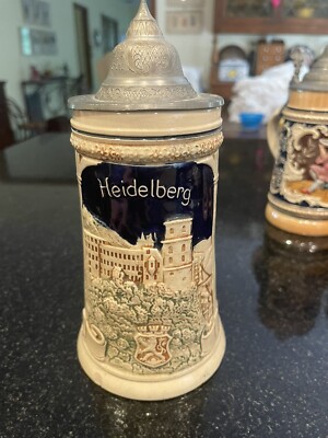 German Stein W Lid.  3 Panels Heidelberg, Perkeo, & Das Grosse Tass