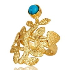 Natural Turquoise Leaf Design Rings 925 Silver Gold Plated Handmade Jewelry