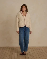 NWT! Rylee + Cru Women's Shearling Jacket Natural with Pink Piping Size Small