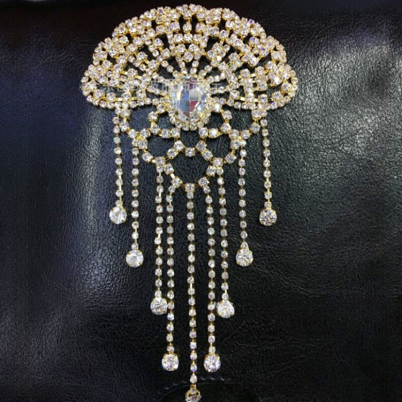 1x Rhinestone Epaulettes Shoulder Pad Flower Tassel Patch Sew-on Appliques Craft
