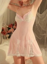 VTG Style Soft Sheer Pink Mesh White Lace Nighty Thong Panty Lingerie Set XL