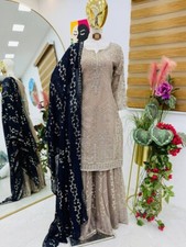 Beautiful Faux Georgette Kurta Palazzo With Navy Blue Dupatta For Party Wear